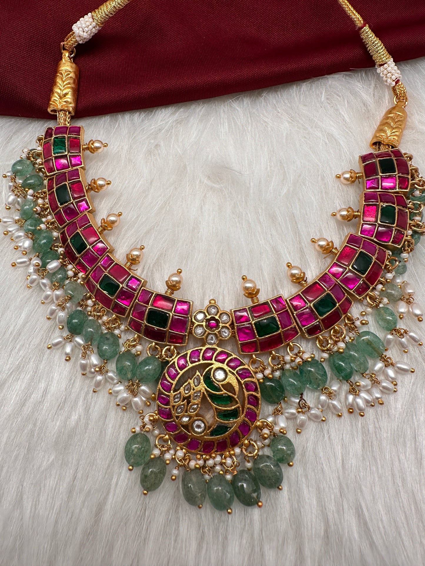 Jadau Kundan Pink Green Neckline Necklace