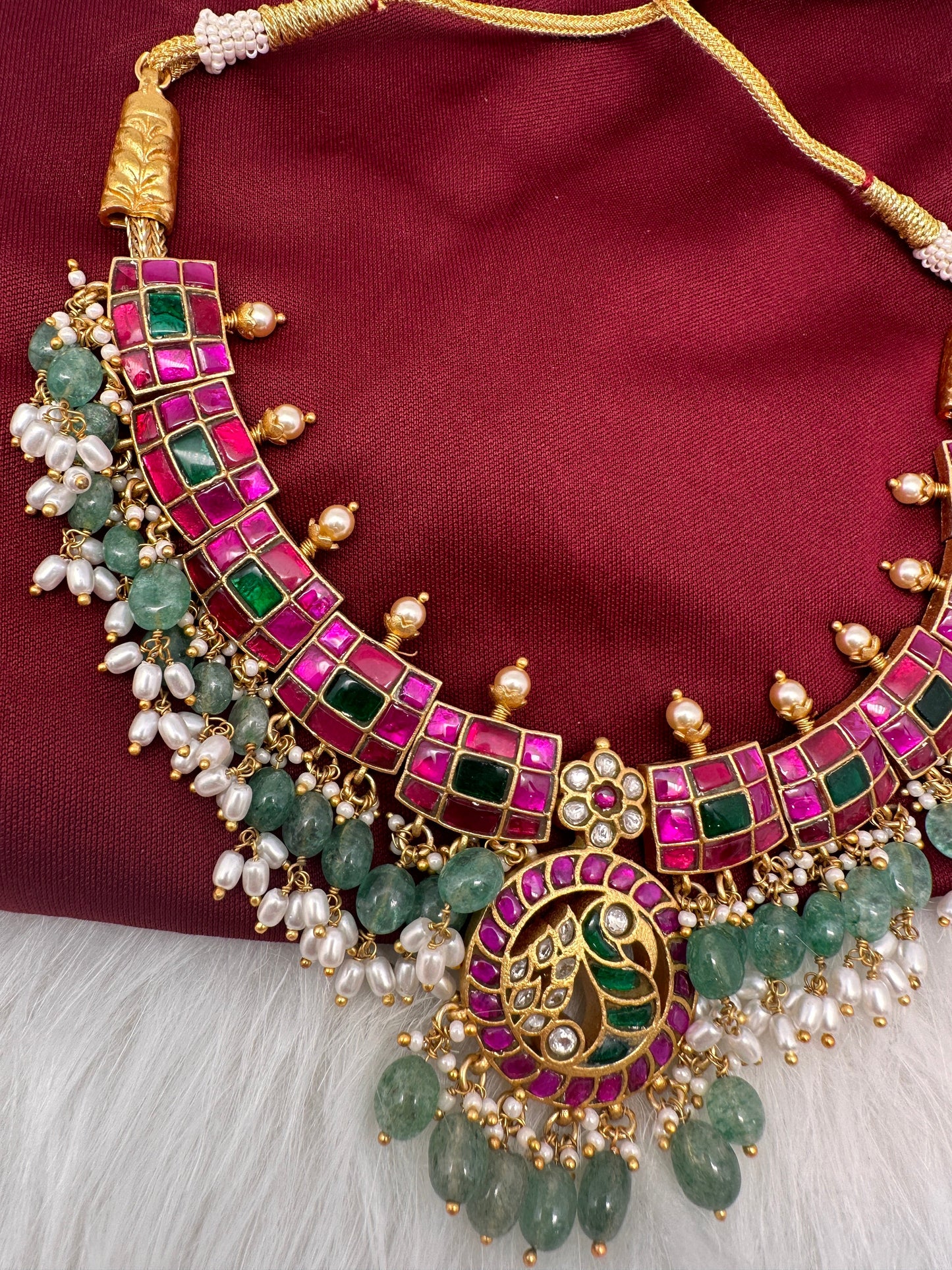 Jadau Kundan Pink Green Neckline Necklace