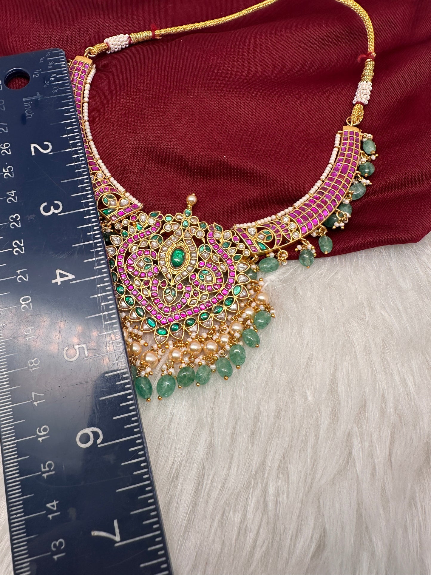 Jadau Kundan Short Neckline Necklace with Emerald Beads