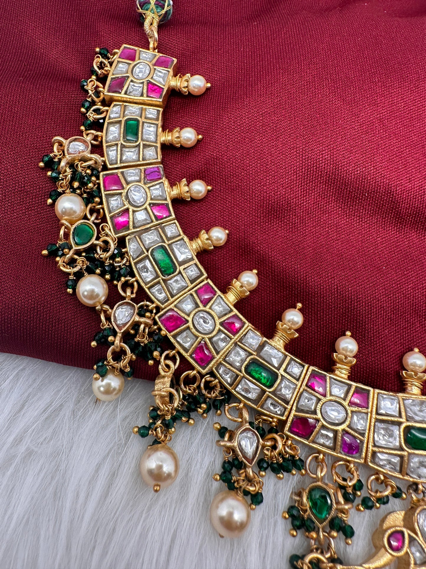 Jadau Kundan Multi Color Neckline Necklace with Emerald Beads