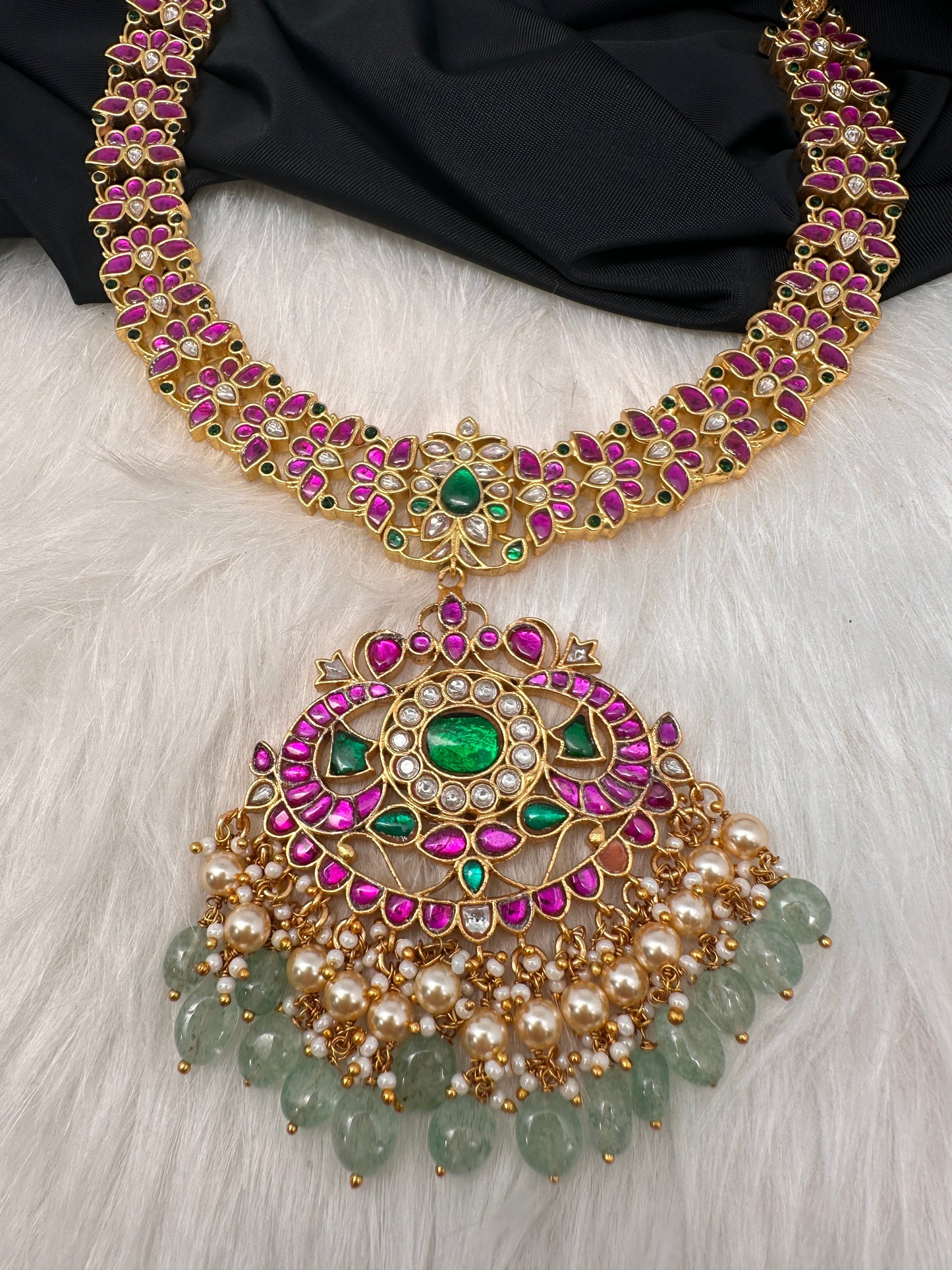 Jadau Kundan Goddess Lakshmi Short Neckline Necklace with Emerald Beads