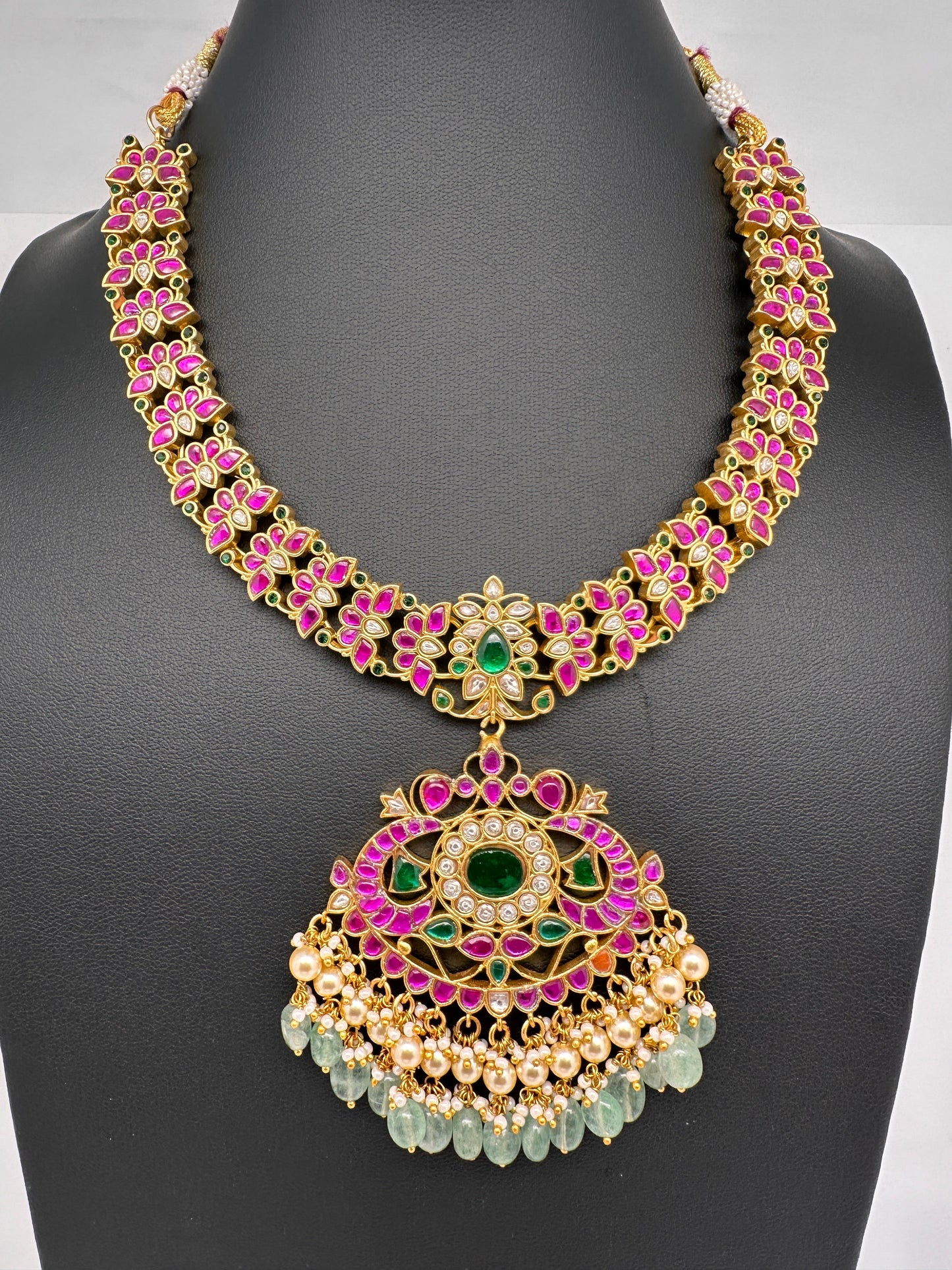 Jadau Kundan Goddess Lakshmi Short Neckline Necklace with Emerald Beads