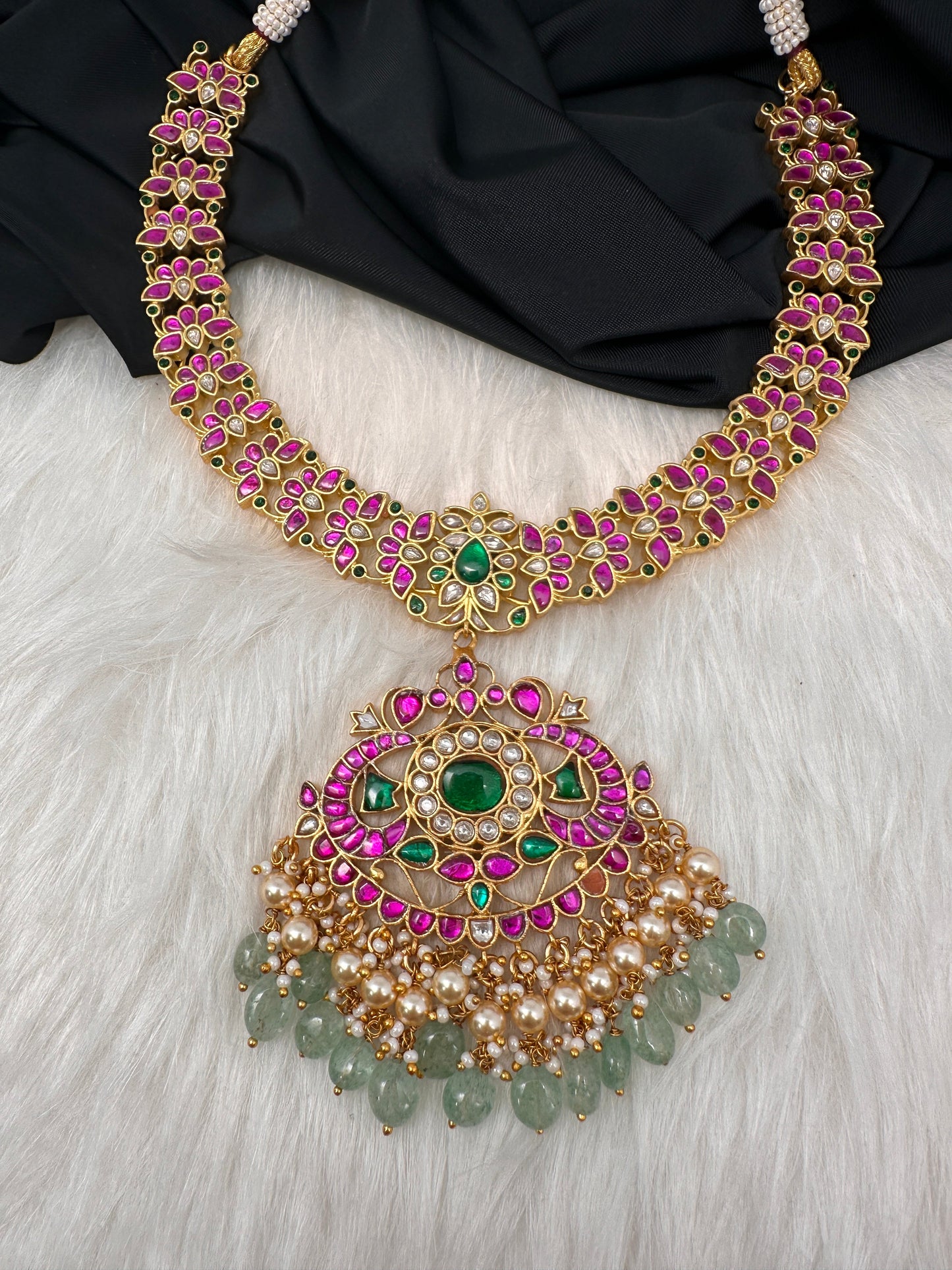 Jadau Kundan Goddess Lakshmi Short Neckline Necklace with Emerald Beads