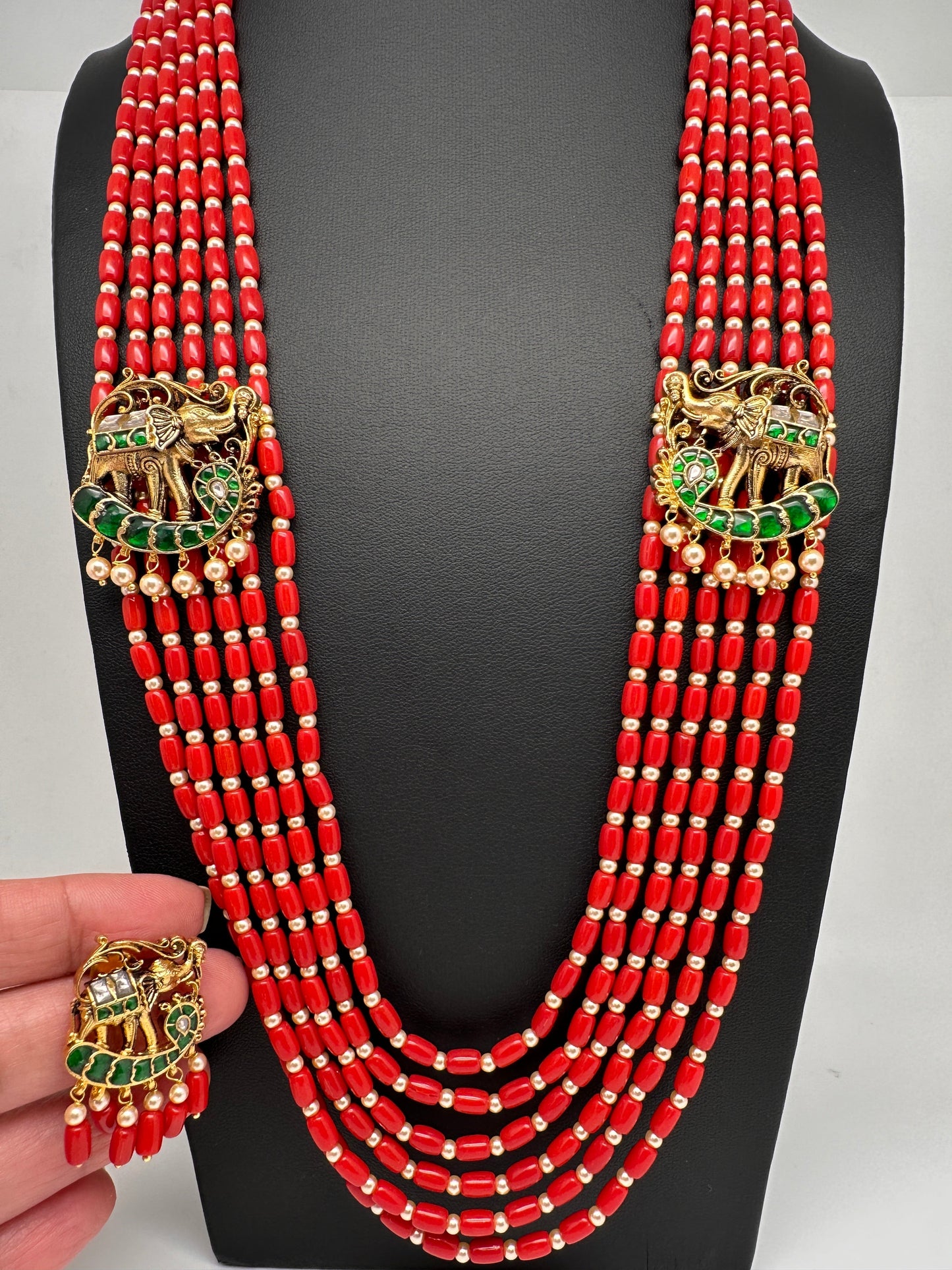 Jadau Kundan Elephant Pattern Long Coral Beads Necklace