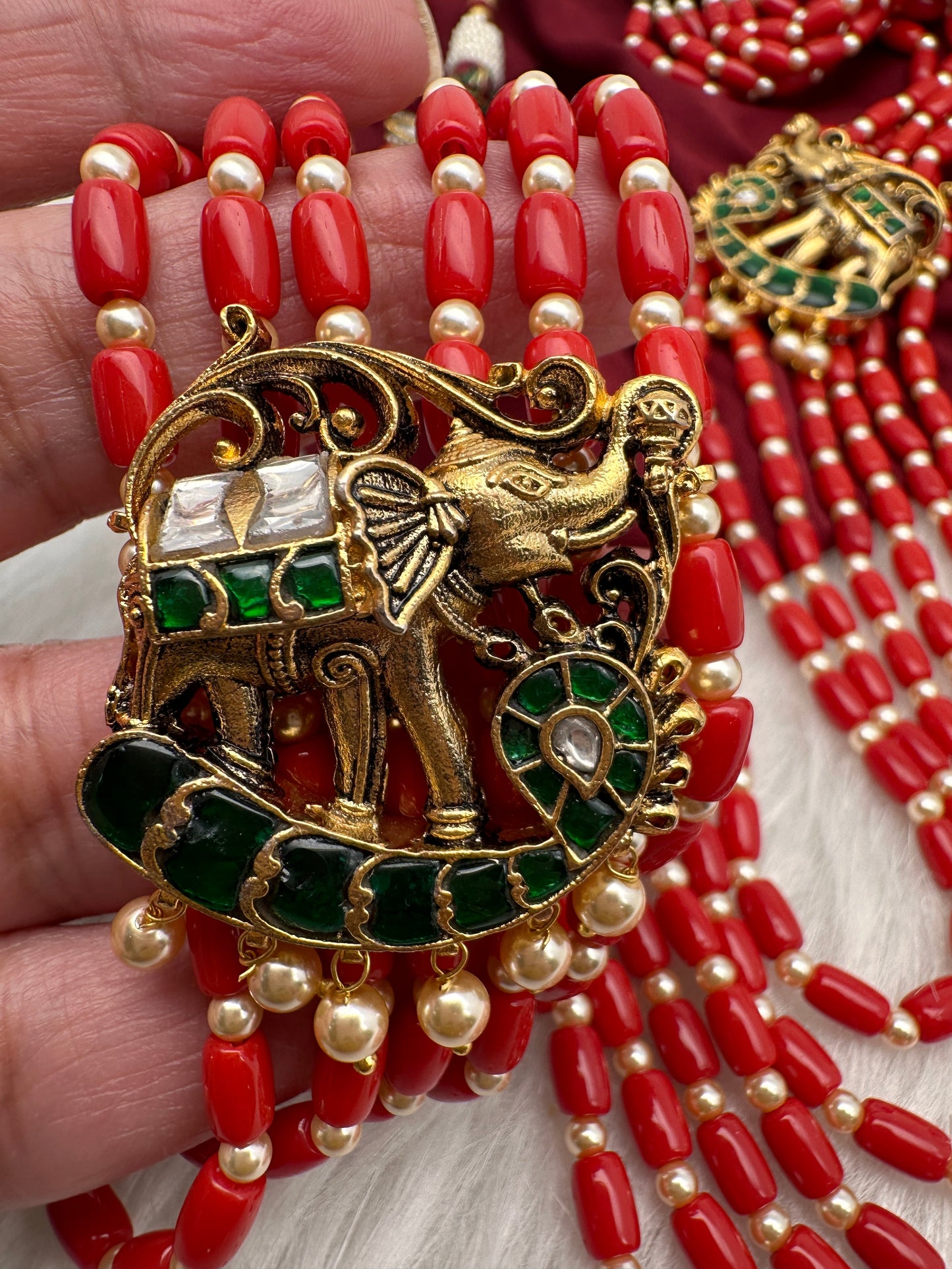 Jadau Kundan Elephant Pattern Long Coral Beads Necklace