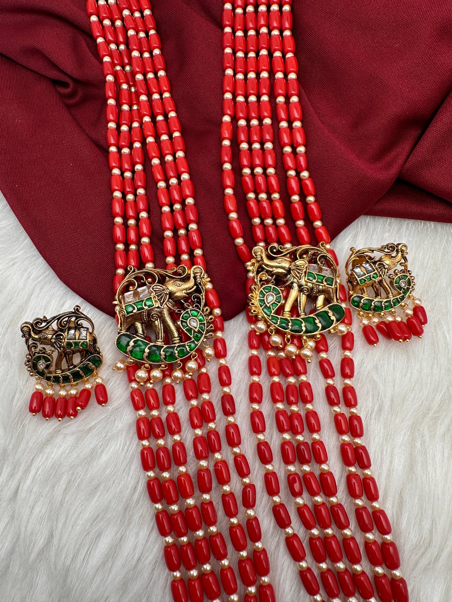 Jadau Kundan Elephant Pattern Long Coral Beads Necklace