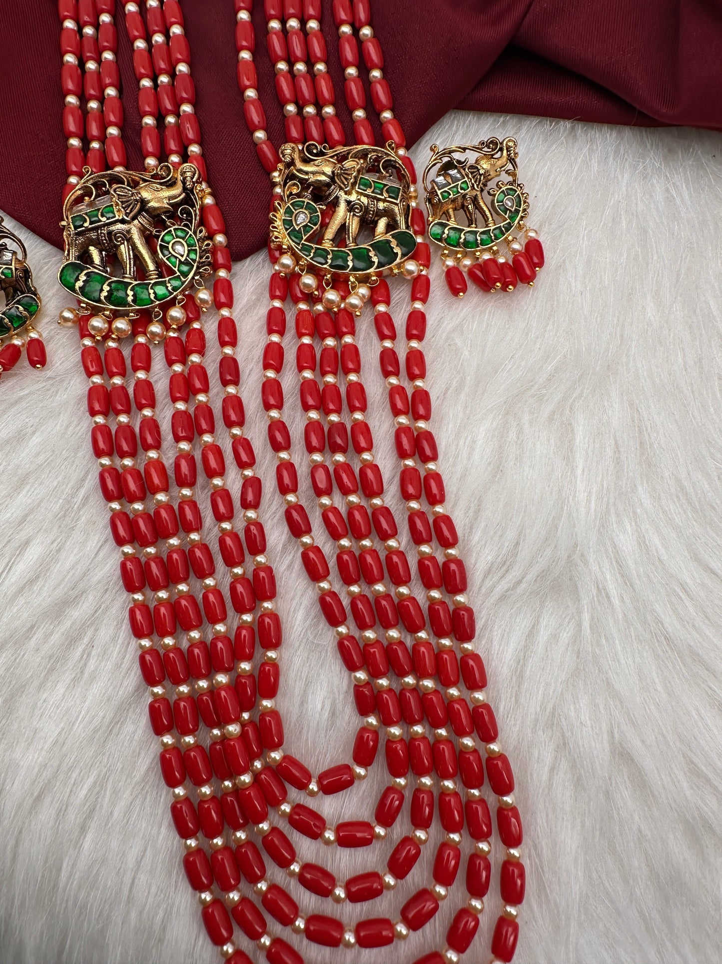 Jadau Kundan Elephant Pattern Long Coral Beads Necklace