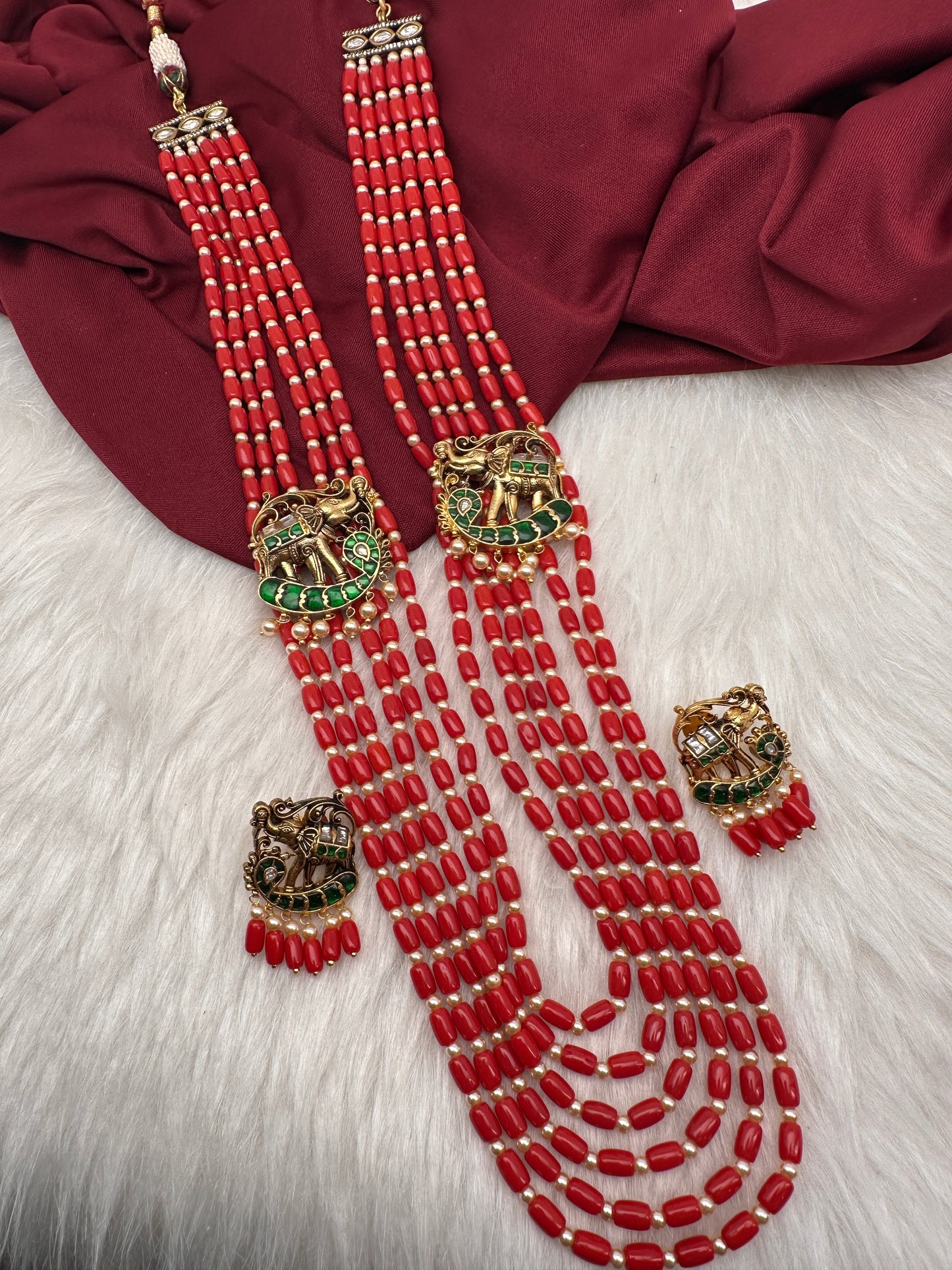 Jadau Kundan Elephant Pattern Long Coral Beads Necklace