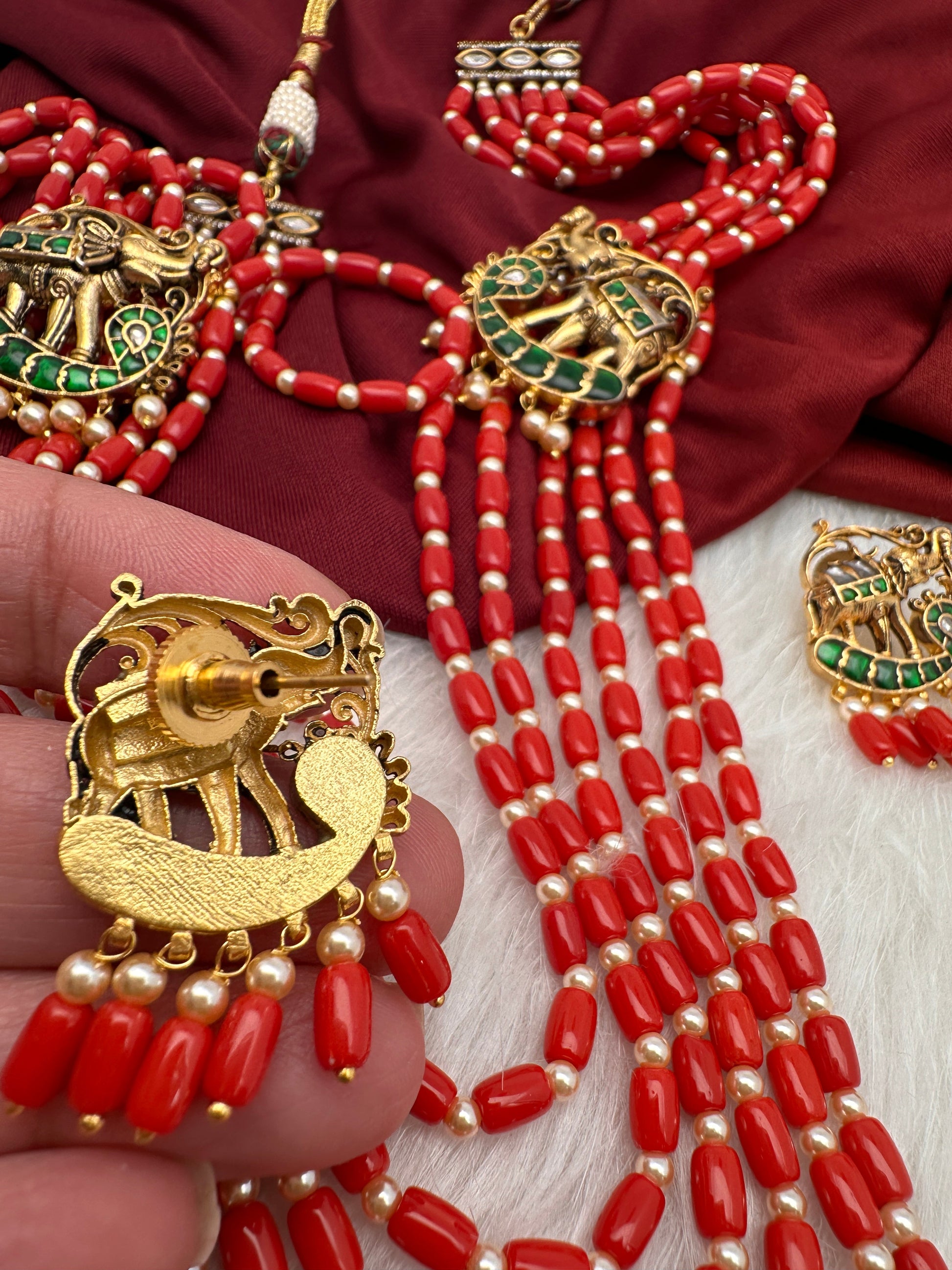 Jadau Kundan Elephant Pattern Long Coral Beads Necklace