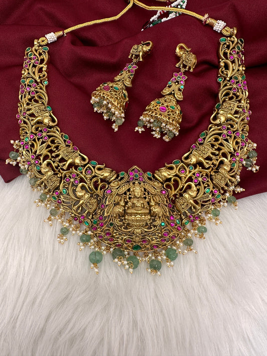 Nakshi Jadau Kundan Goddess Lakshmi Elephant Short Necklace