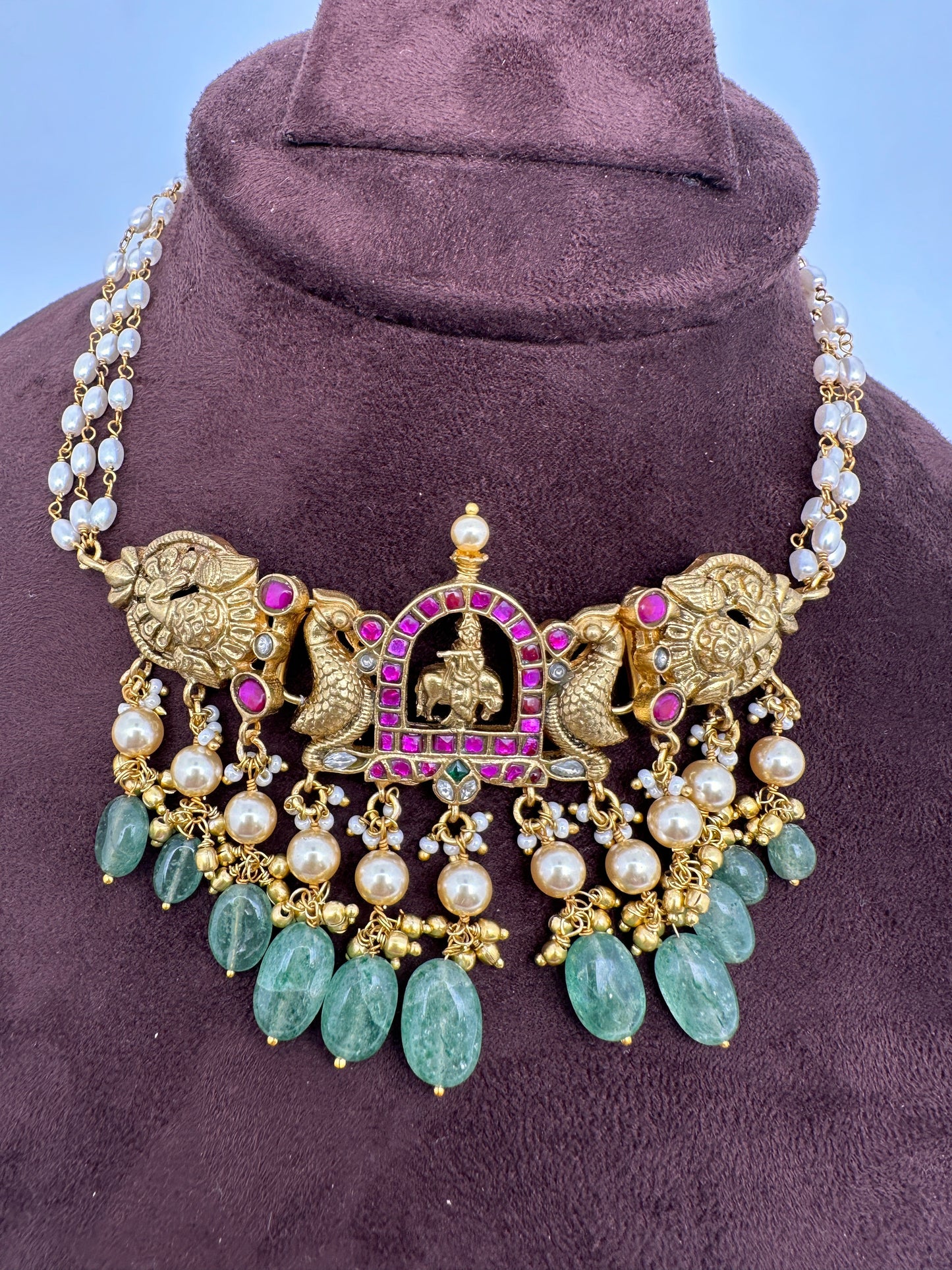 Krishna Jadau Kundan Rice Pearls Emerald Beads CJokerNecklace