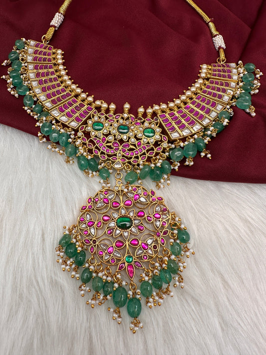 Jadau Kundan Neckline Necklace with Green Emerald Beads