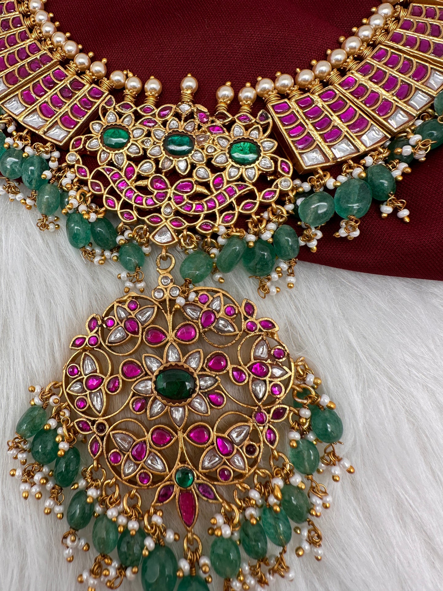 Jadau Kundan Daint Neckline Necklace with Green Emerald Beads