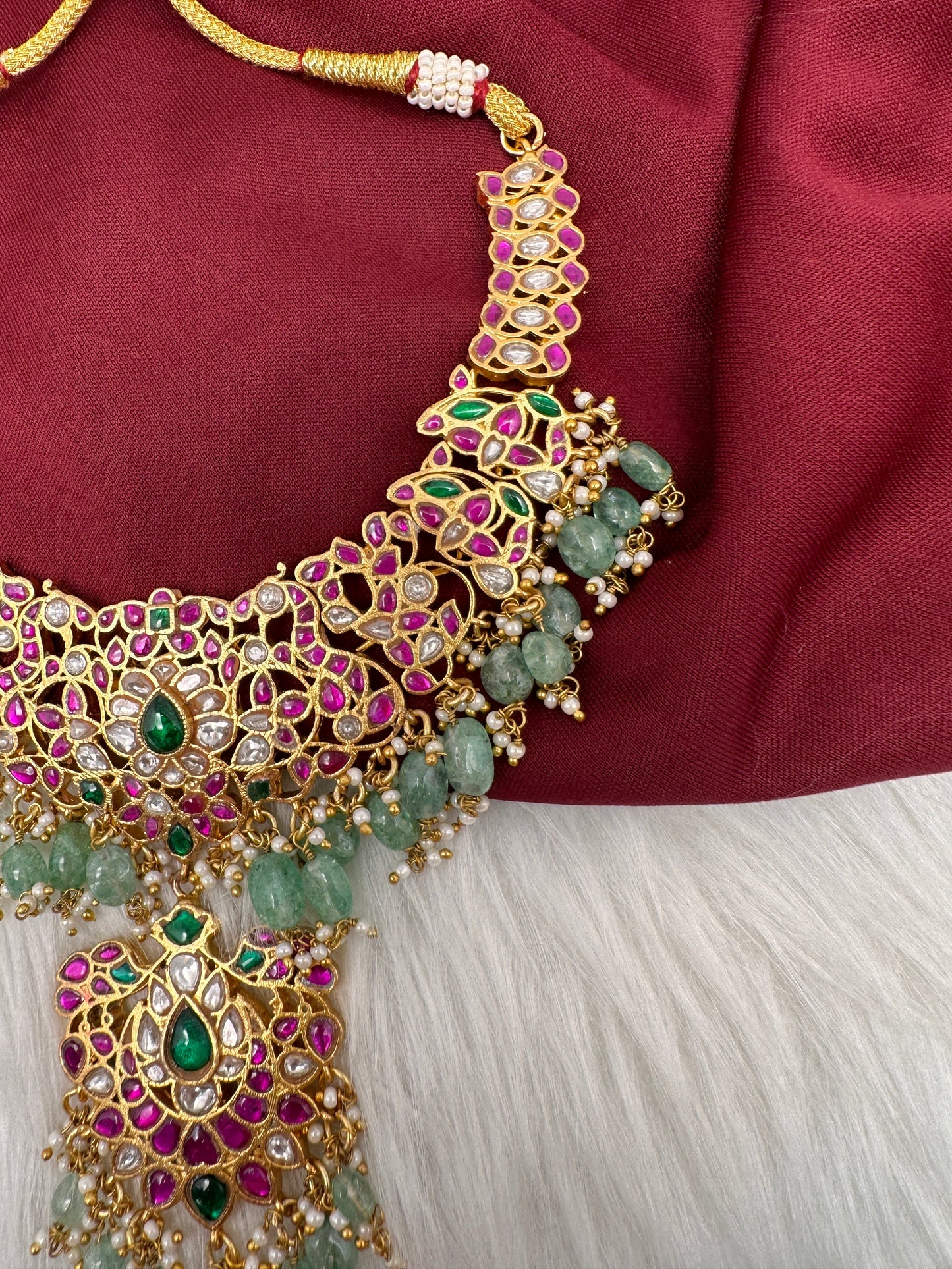 Jadau Kundan Daint Neckline Necklace with Green Emerald Beads