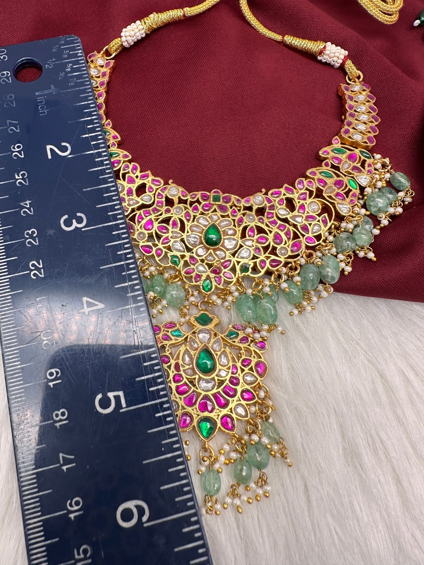 Jadau Kundan Daint Neckline Necklace with Green Emerald Beads