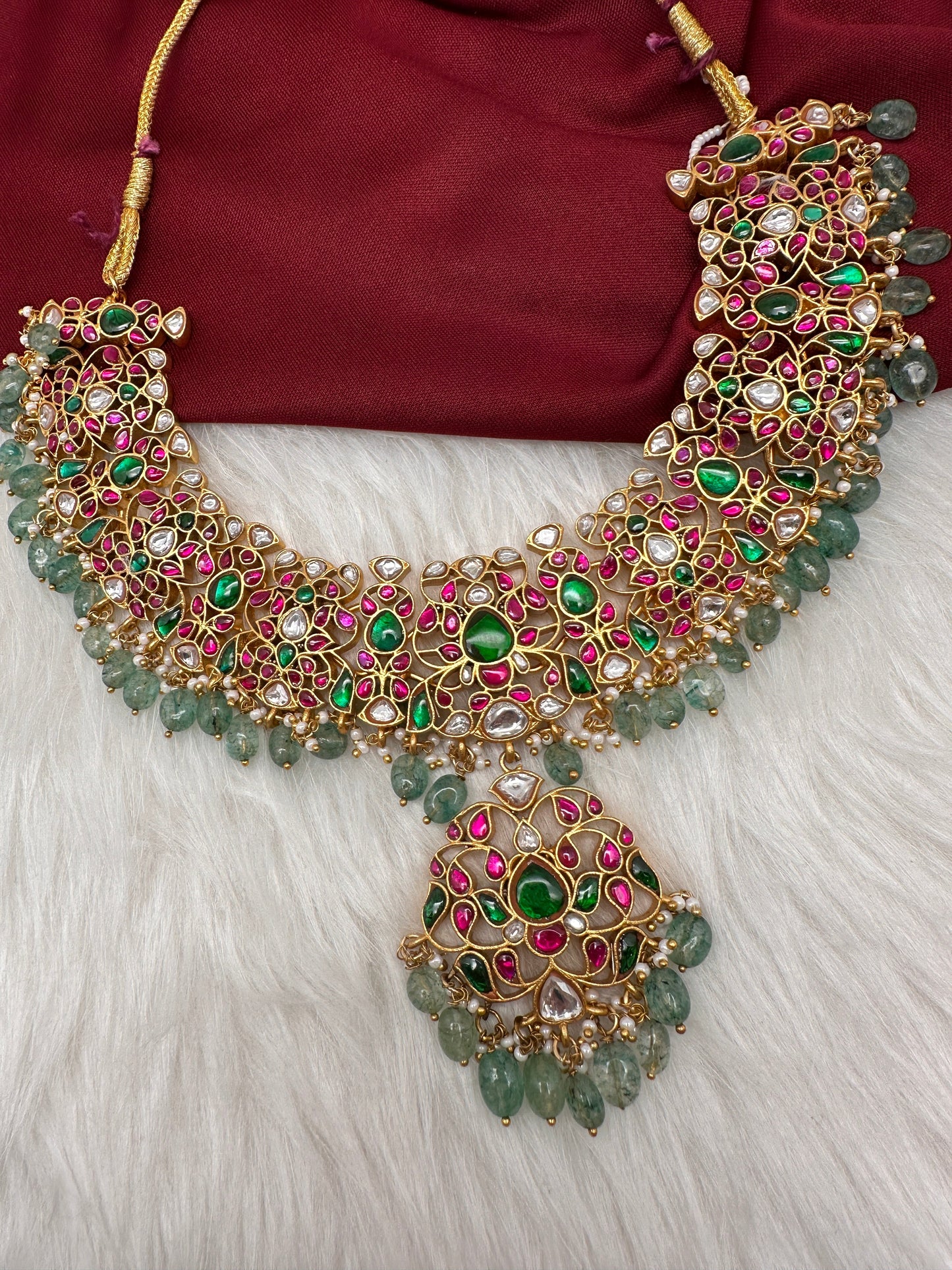 Jadau Kundan Neckline Necklace with Emerald Beads