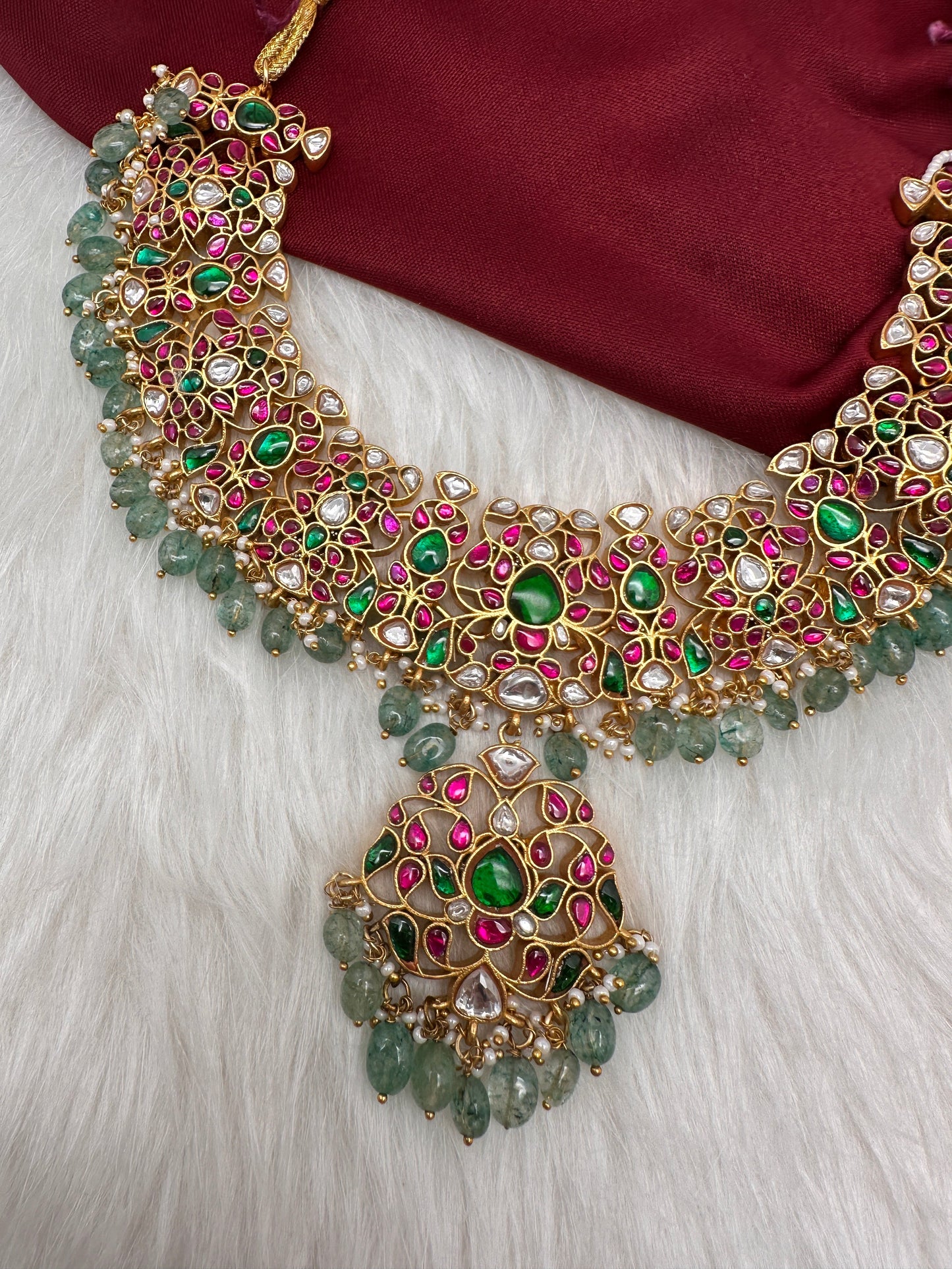 Jadau Kundan Neckline Necklace with Emerald Beads