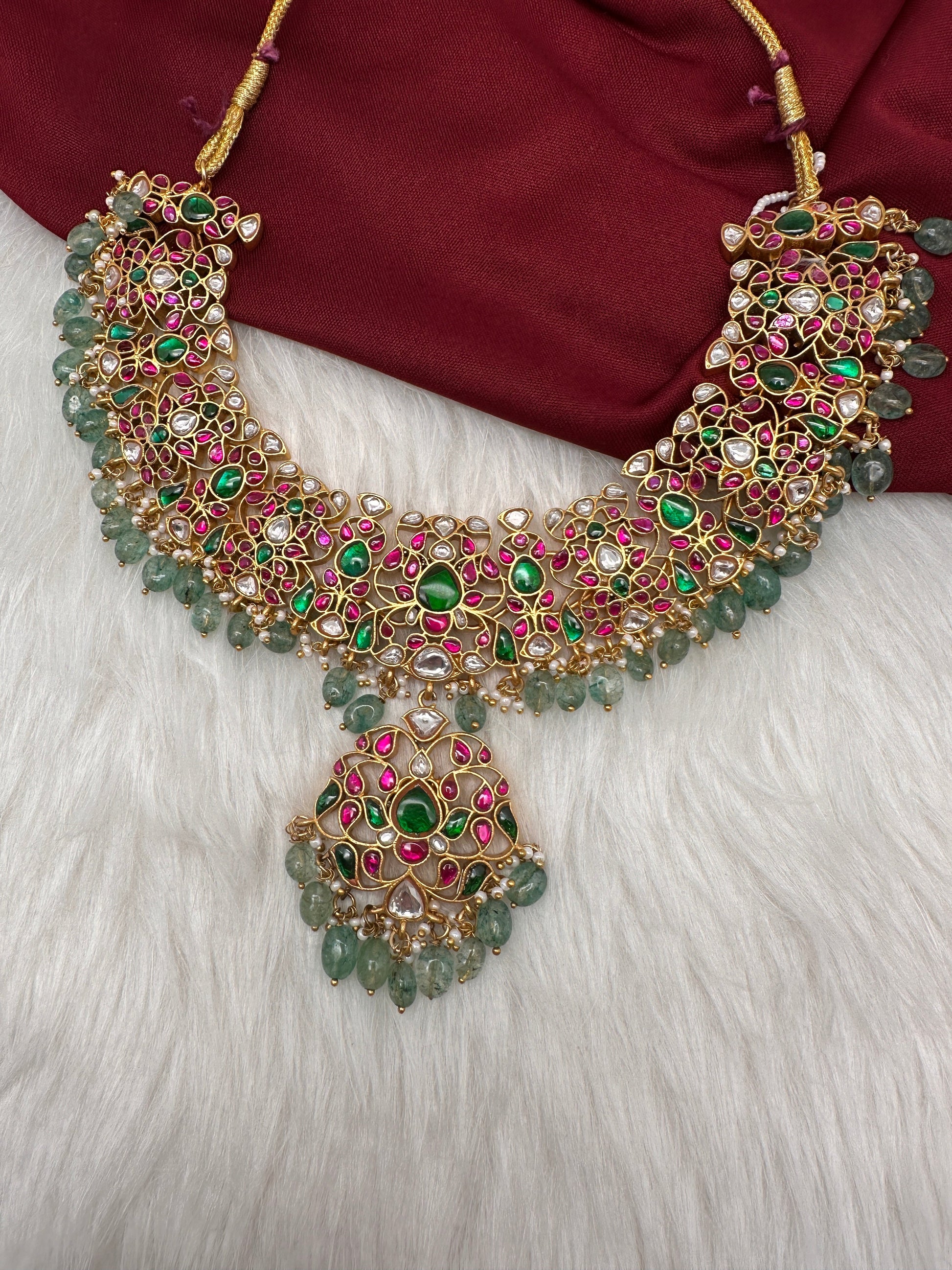Jadau Kundan Neckline Necklace with Emerald Beads