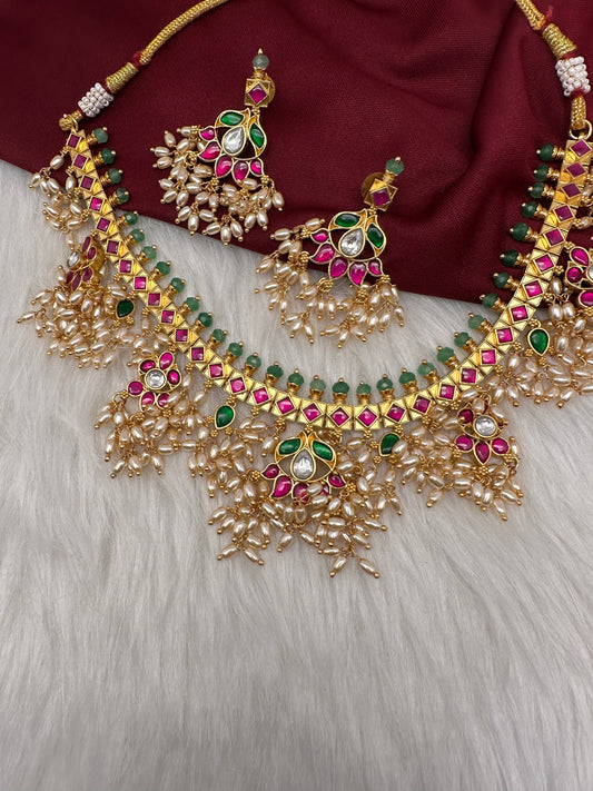 Jadau Kundan Rice Pearls Guttapusallu  Necklace