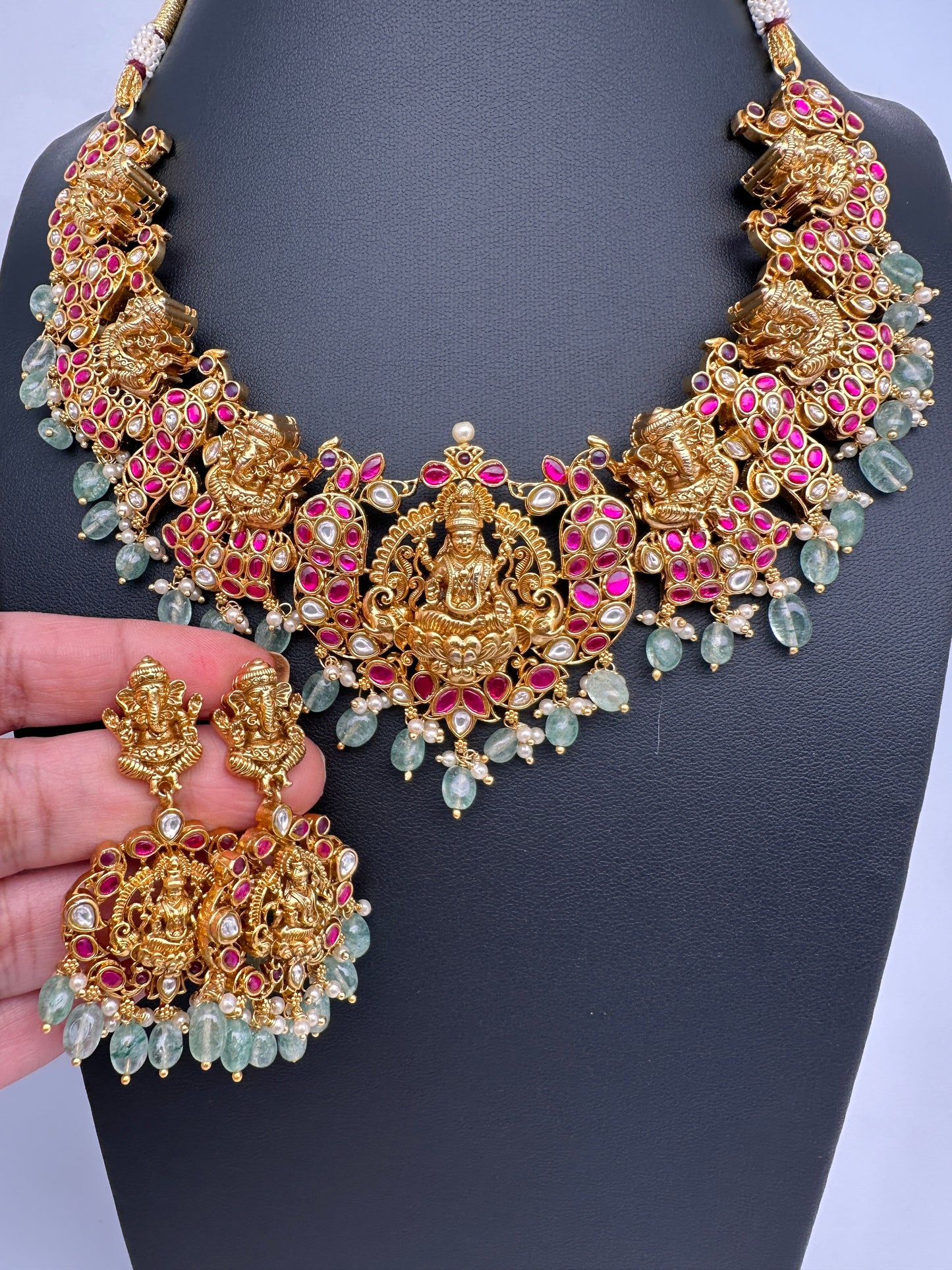 Ganesha Goddess Lakshmi Nakshi Jadau Kundan Short Necklace