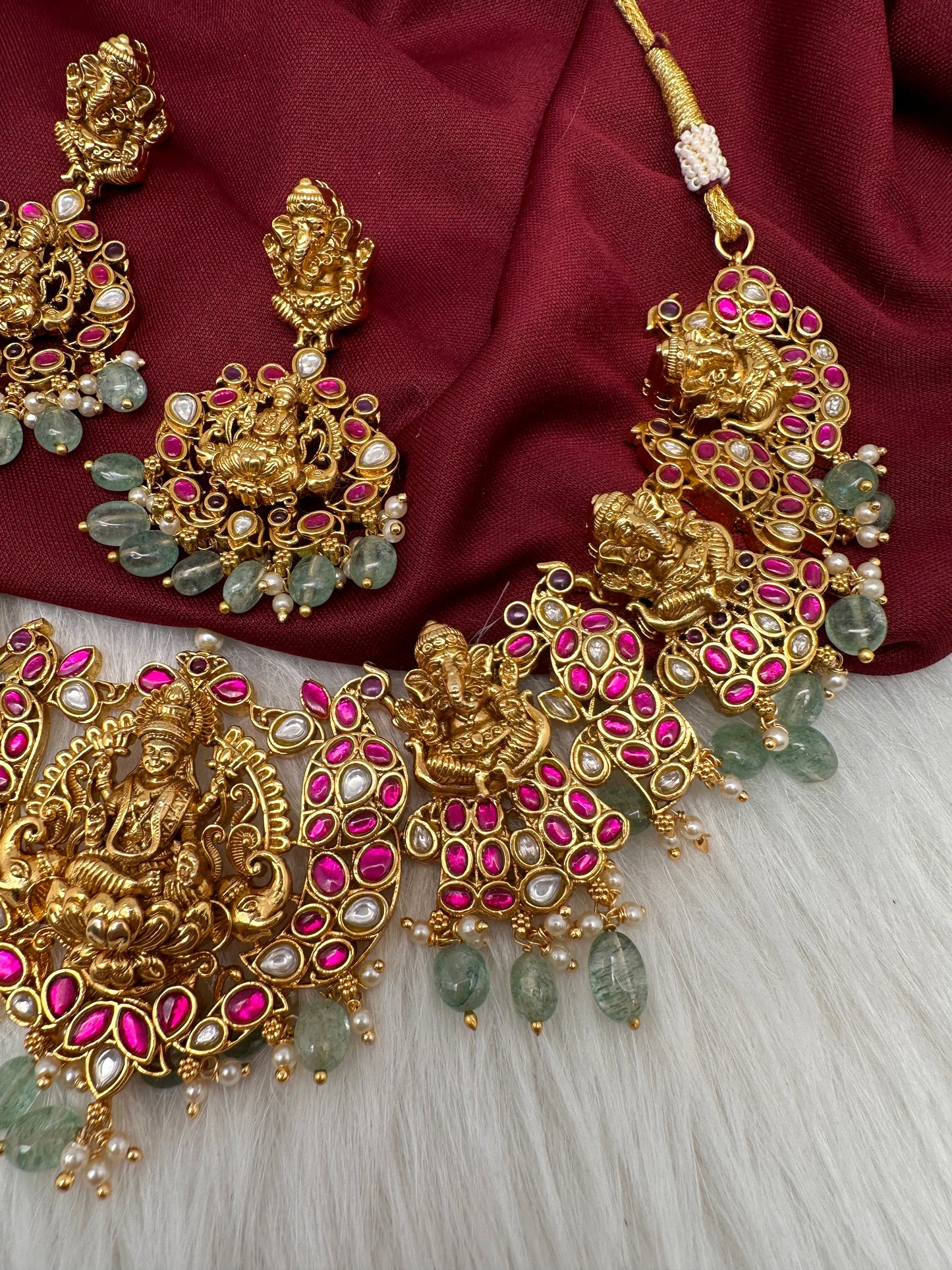 Ganesha Goddess Lakshmi Nakshi Jadau Kundan Short Necklace