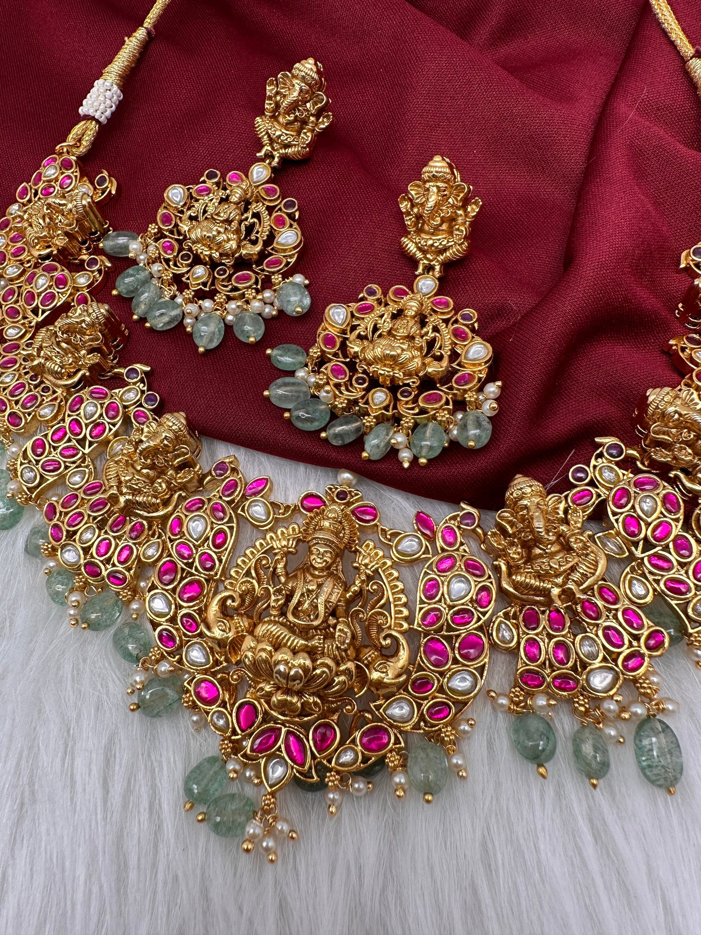 Ganesha Goddess Lakshmi Nakshi Jadau Kundan Short Necklace