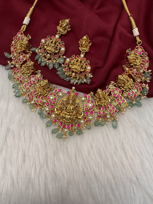 Ganesha Goddess Lakshmi Nakshi Jadau Kundan Short Necklace