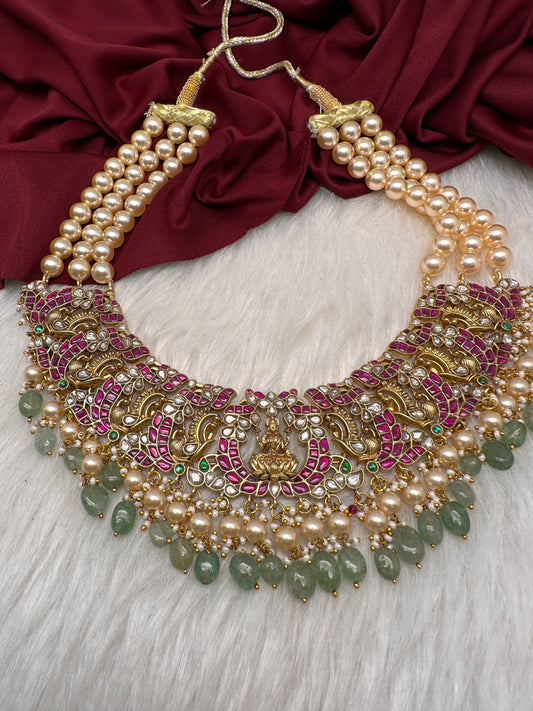 Jadau Kundan Goddess Lakshmi Swaroski Pearls Short Necklace