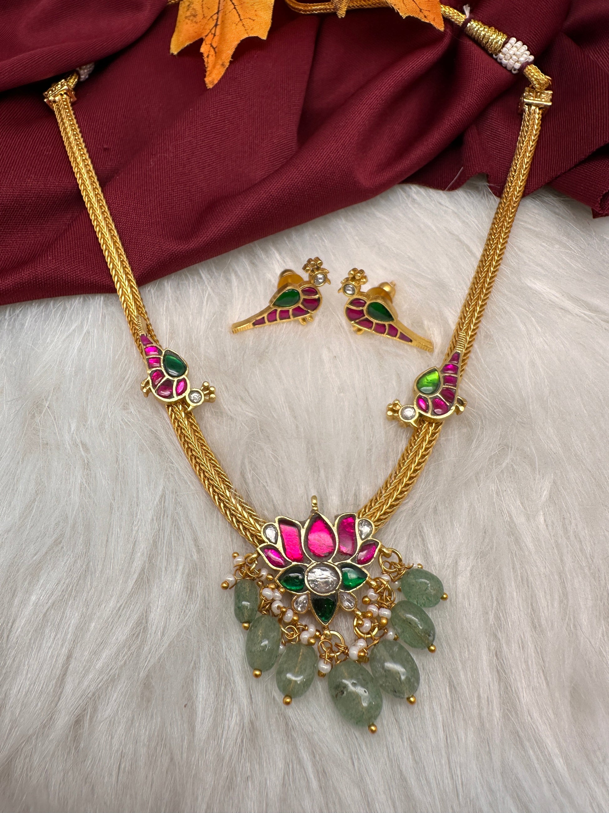 Jadau Kundan Lotus Bird Dainty Short Necklace