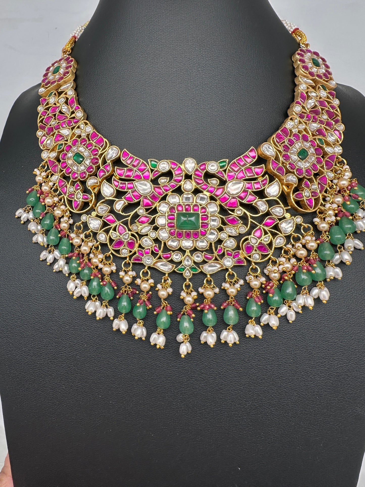 Jadau Kundan Pearls Green Beads Neckline Necklace