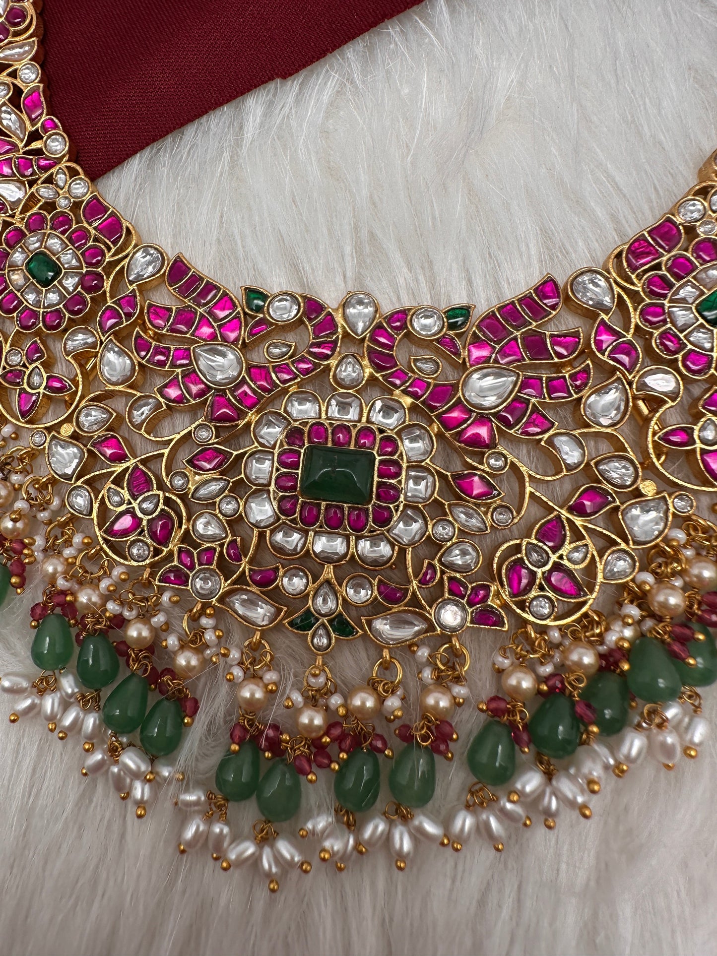 Jadau Kundan Pearls Green Beads Neckline Necklace