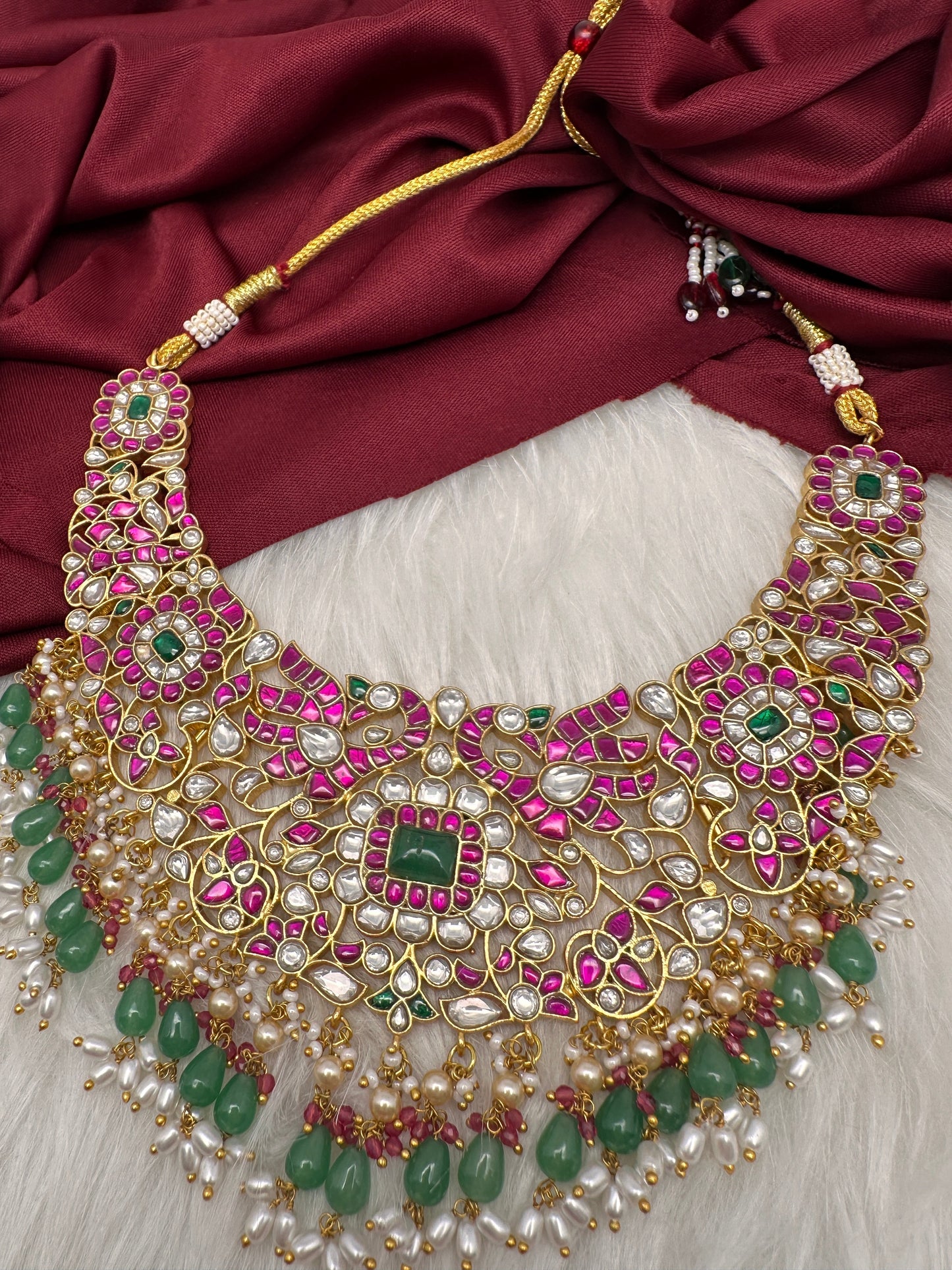 Jadau Kundan Pearls Green Beads Neckline Necklace