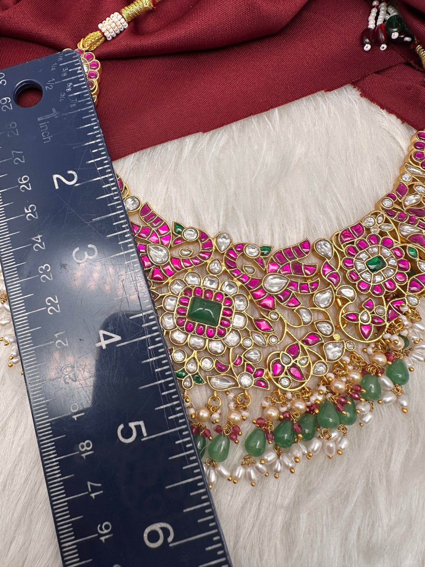 Jadau Kundan Pearls Green Beads Neckline Necklace