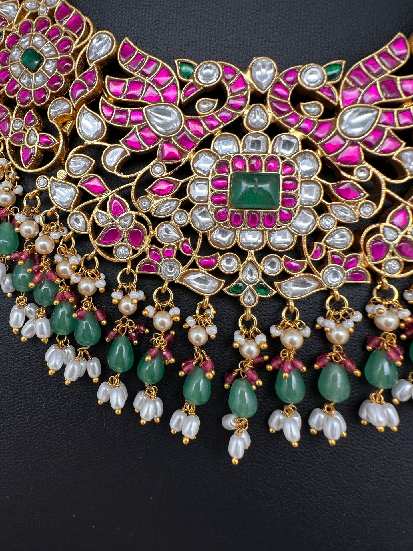 Jadau Kundan Pearls Green Beads Neckline Necklace