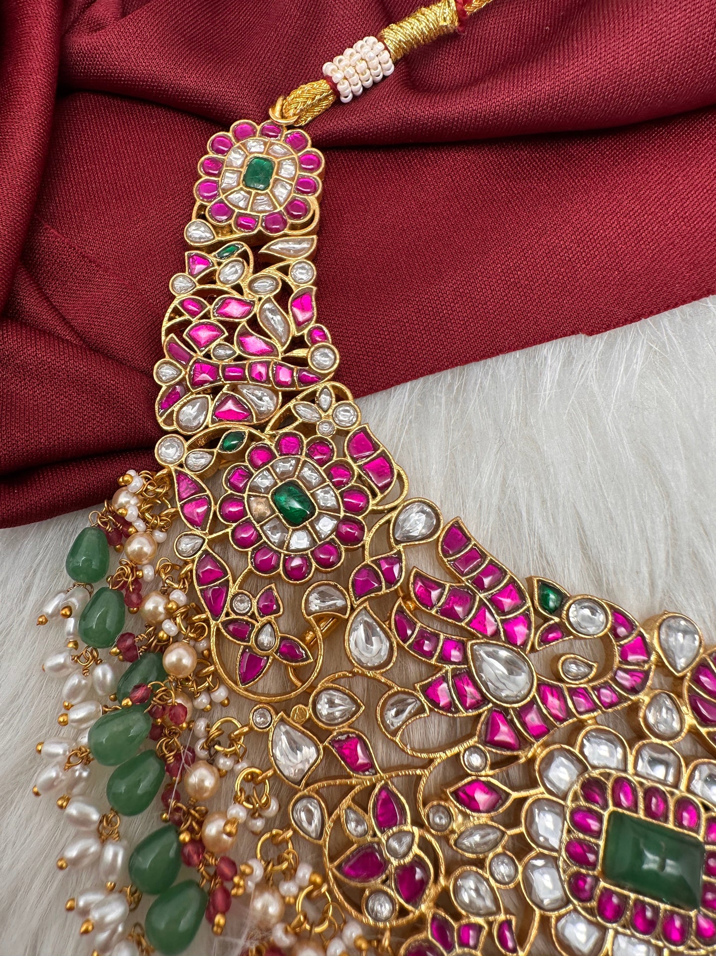 Jadau Kundan Pearls Green Beads Neckline Necklace