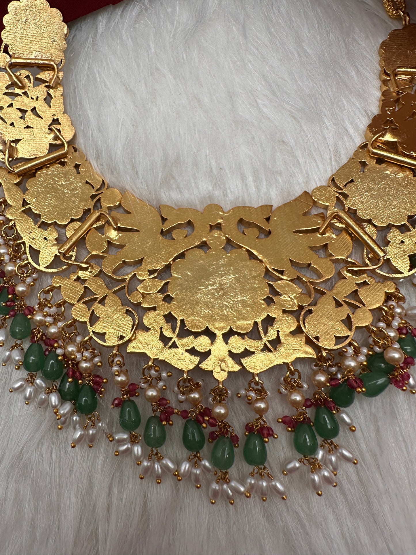 Jadau Kundan Pearls Green Beads Neckline Necklace