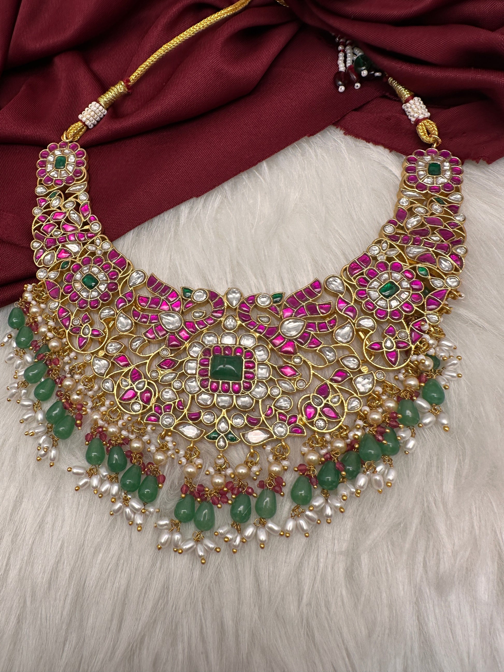 Jadau Kundan Pearls Green Beads Neckline Necklace