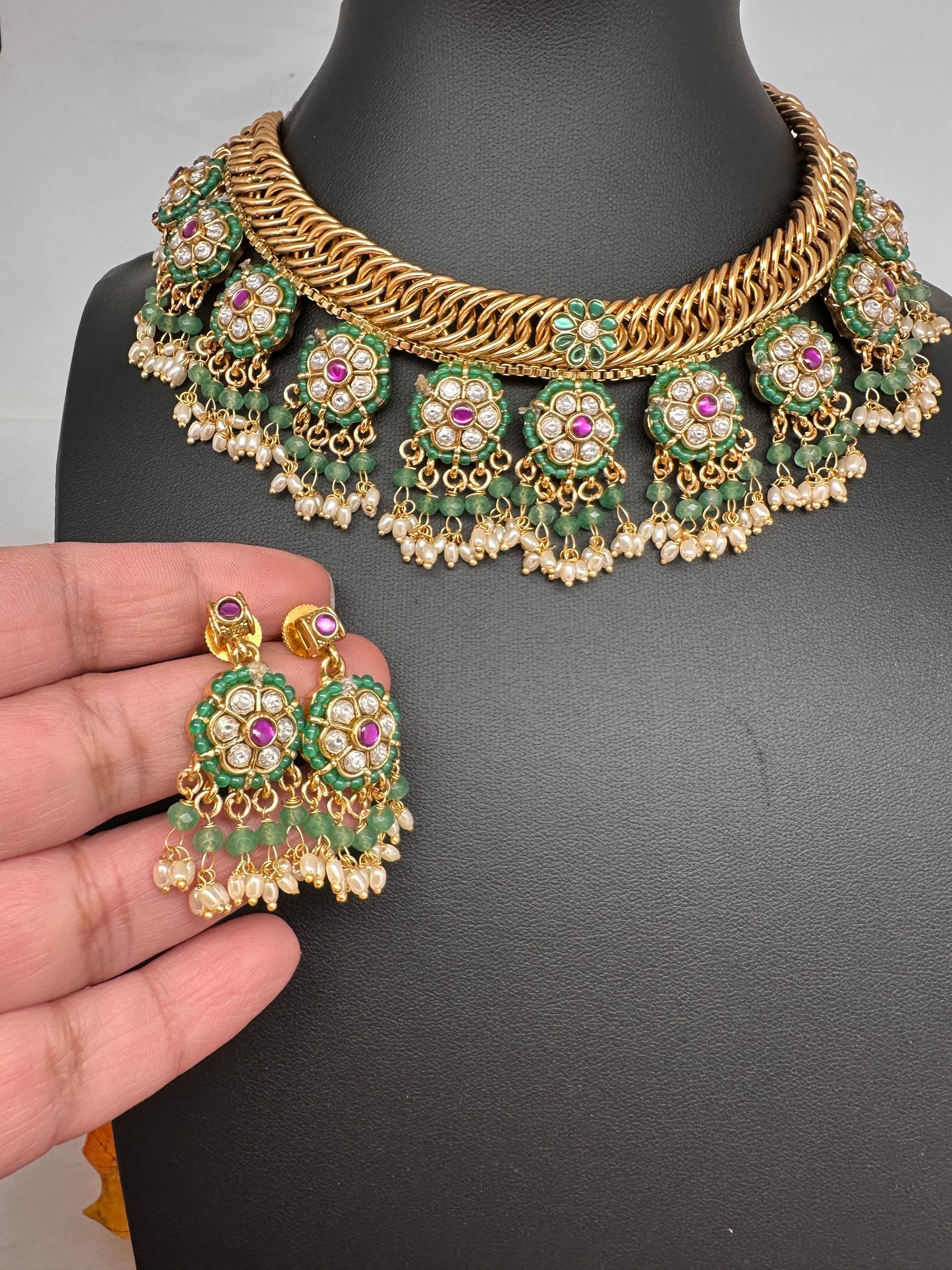 Jadau Kundan Green Jalebi Pearls Green Beads Neckline Necklace