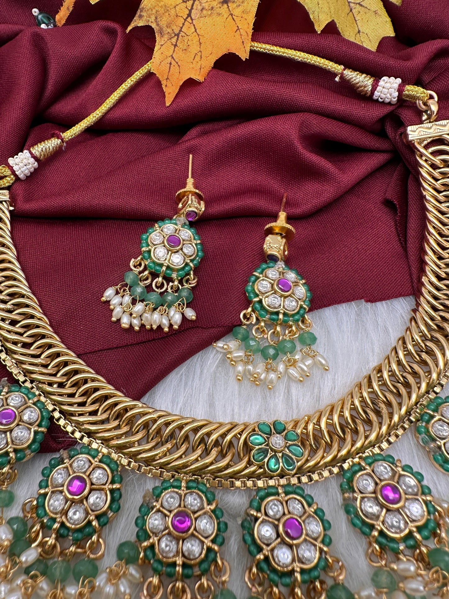 Jadau Kundan Green Jalebi Pearls Green Beads Neckline Necklace