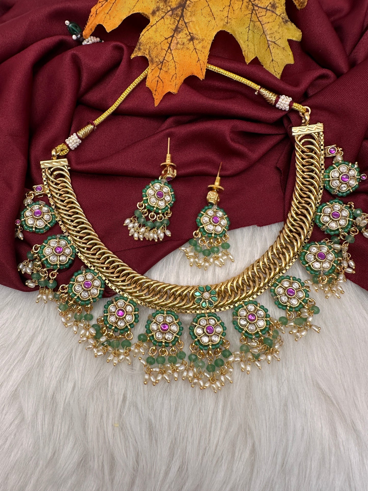 Jadau Kundan Green Jalebi Pearls Green Beads Neckline Necklace