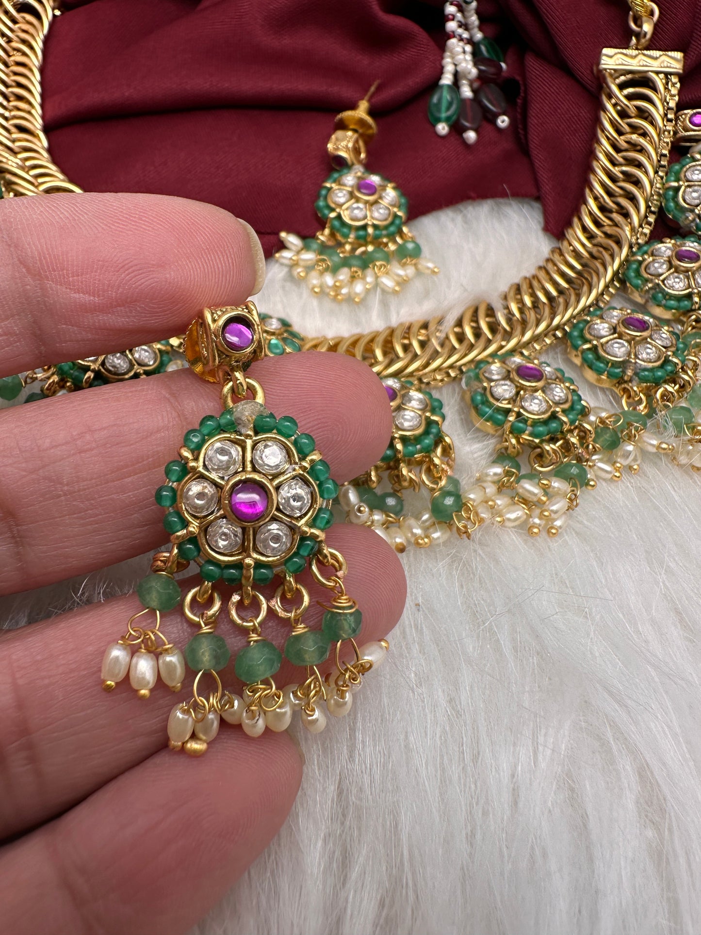 Jadau Kundan Green Jalebi Pearls Green Beads Neckline Necklace