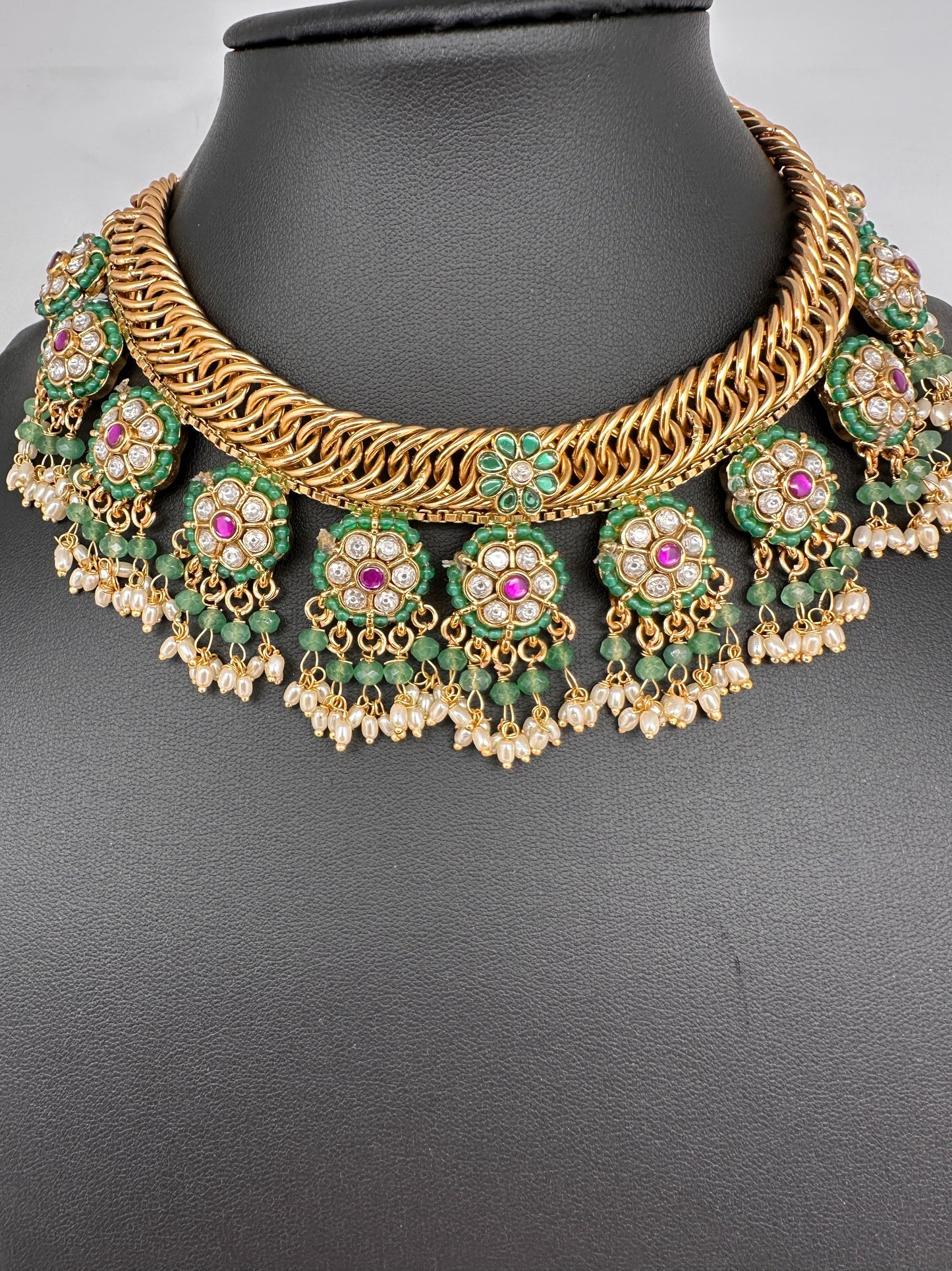 Jadau Kundan Green Jalebi Pearls Green Beads Neckline Necklace