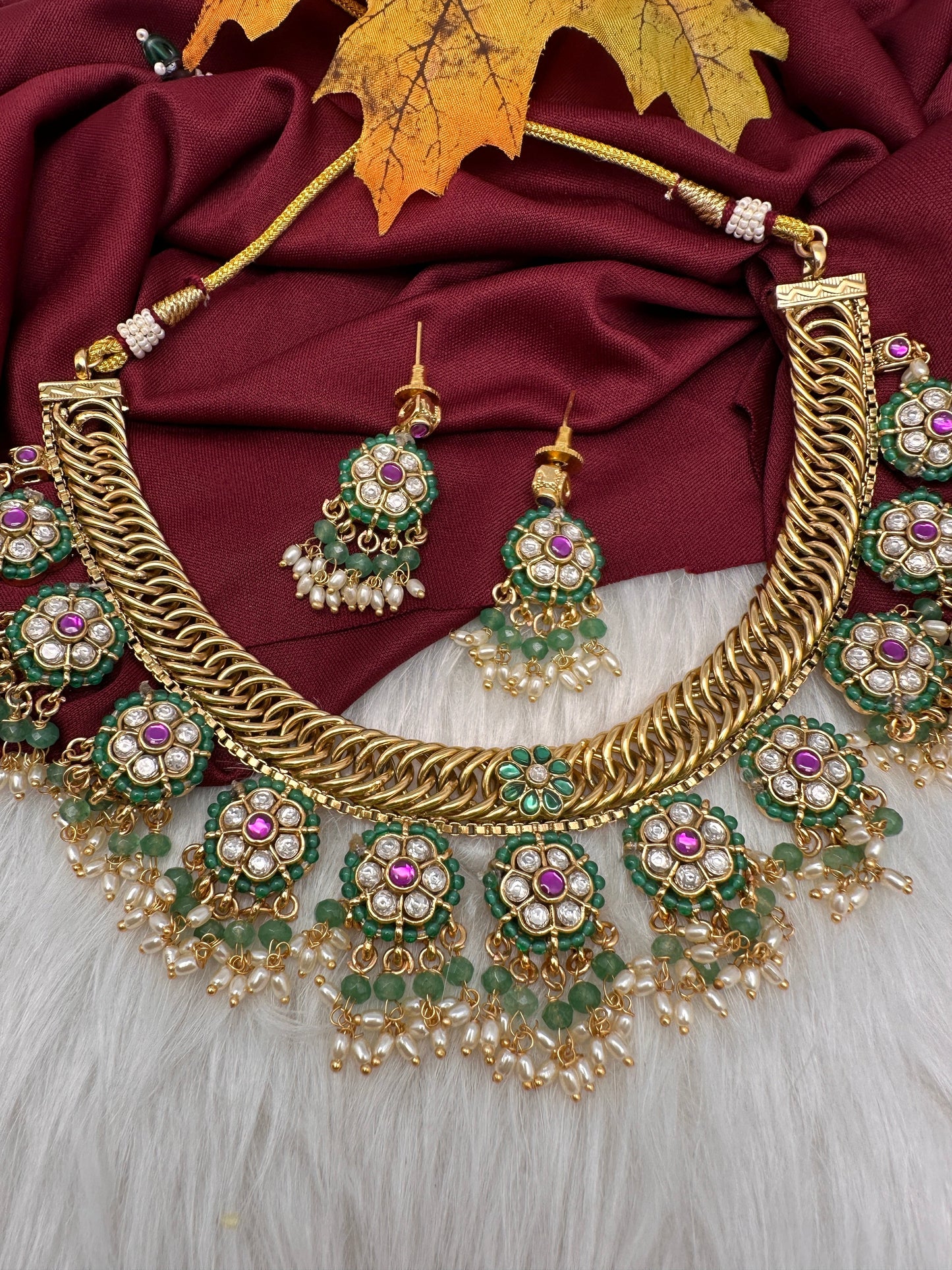 Jadau Kundan Green Jalebi Pearls Green Beads Neckline Necklace