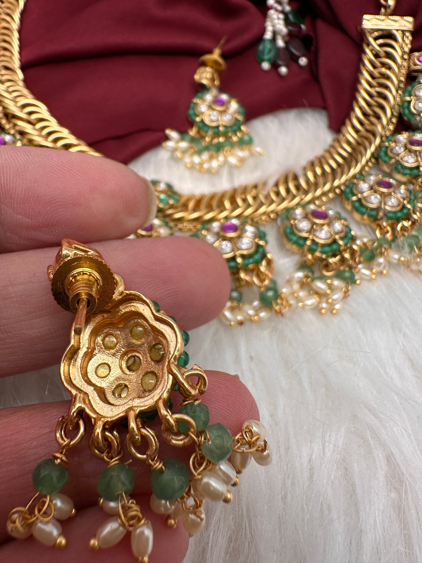 Jadau Kundan Green Jalebi Pearls Green Beads Neckline Necklace