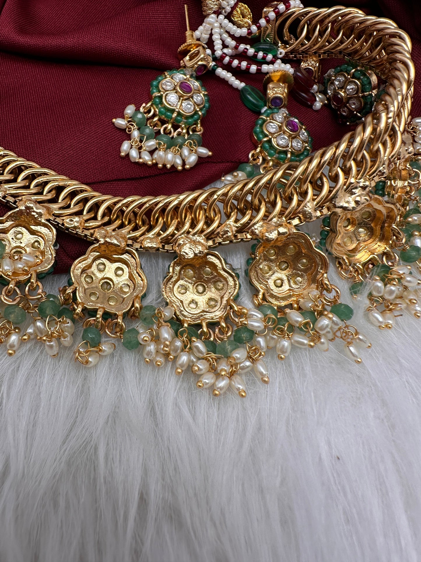 Jadau Kundan Green Jalebi Pearls Green Beads Neckline Necklace