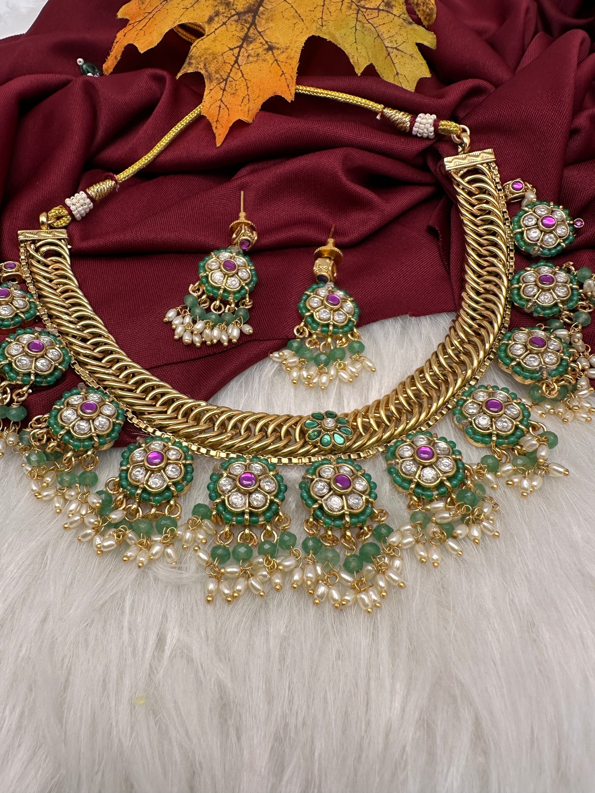 Jadau Kundan Green Jalebi Pearls Green Beads Neckline Necklace