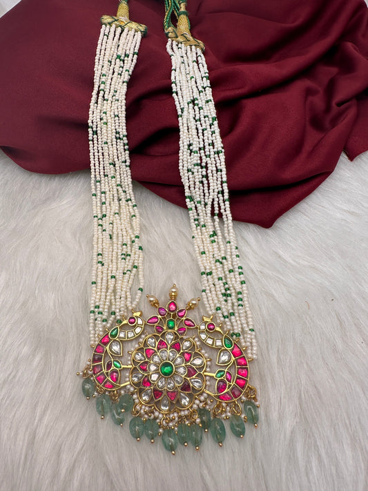 Jadau Kundan Emerald Pearls Mid Length Necklace