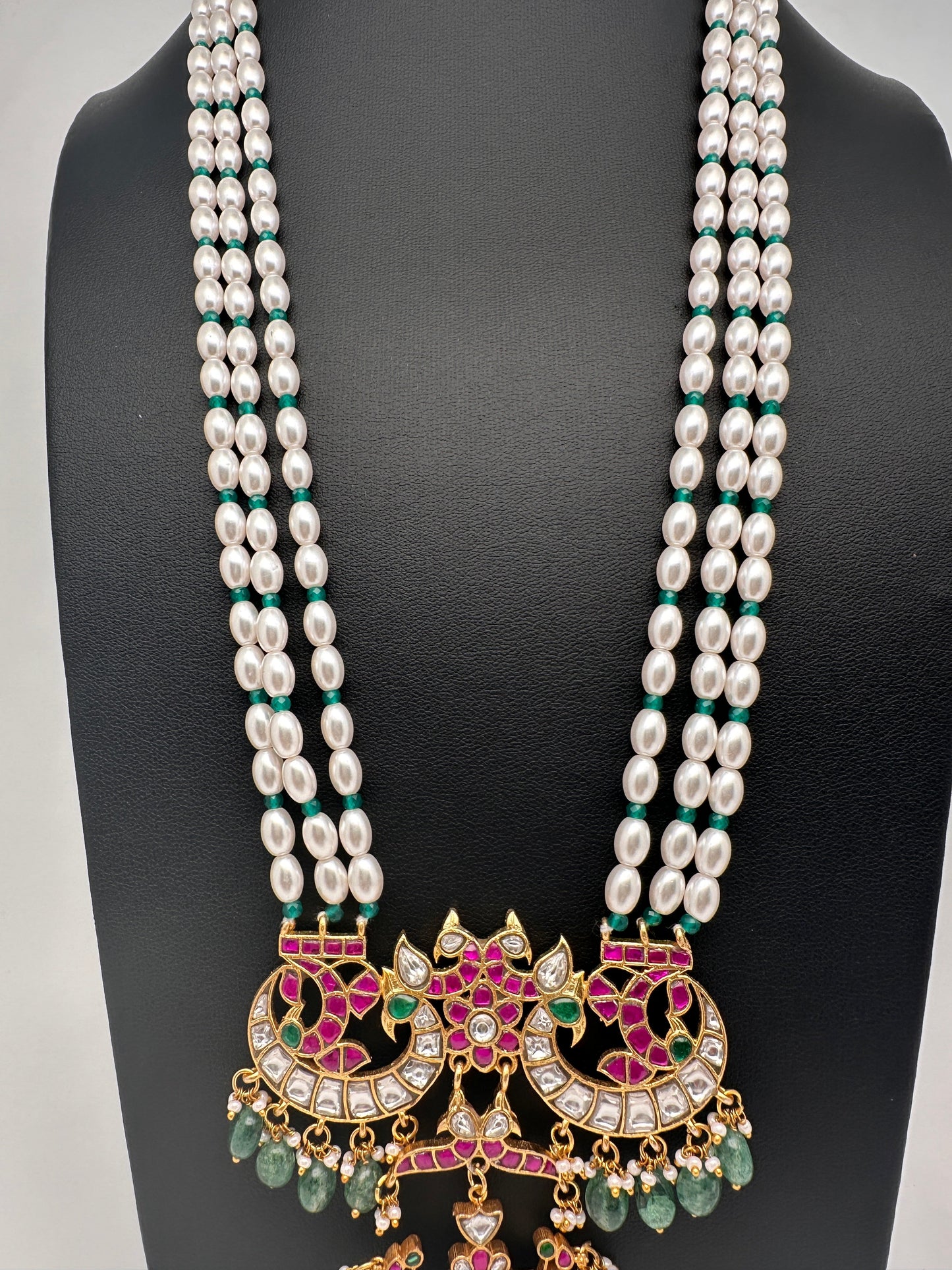 Jadau Kundan Emerald Pearls Long Necklace