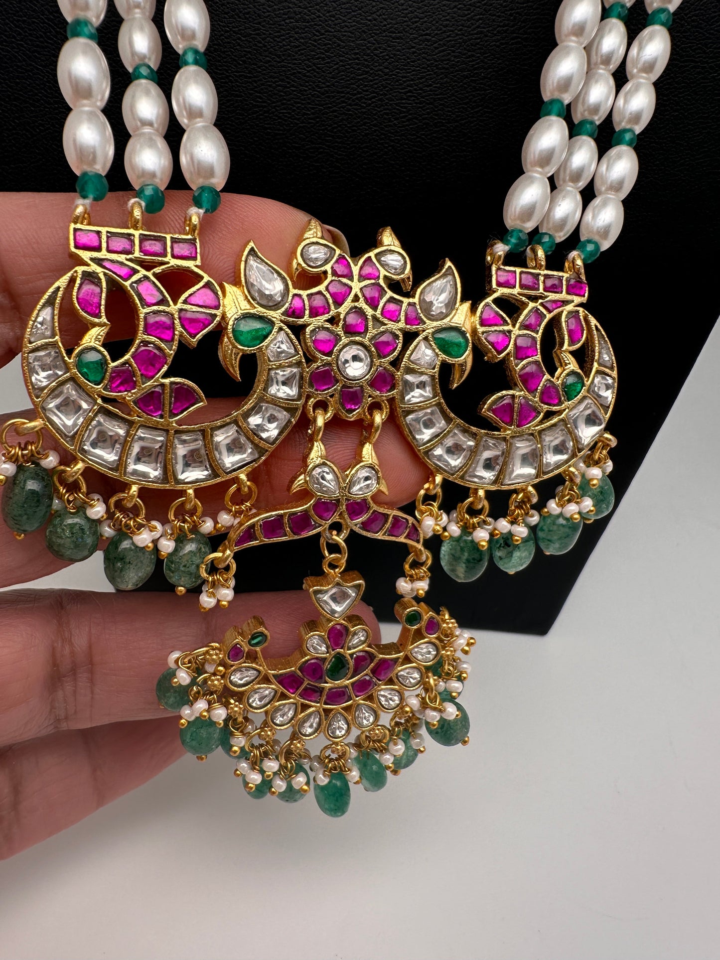 Jadau Kundan Emerald Pearls Long Necklace
