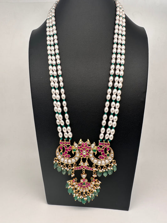 Jadau Kundan Emerald Pearls Long Necklace